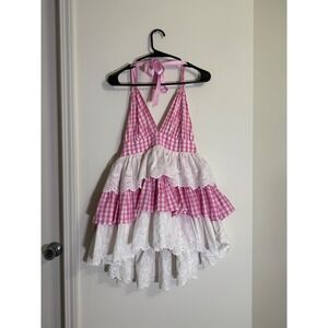 Sugar Thrillz Gingham Pink Halter Dress Eyelet Lace Tiered Coquette Lolita M